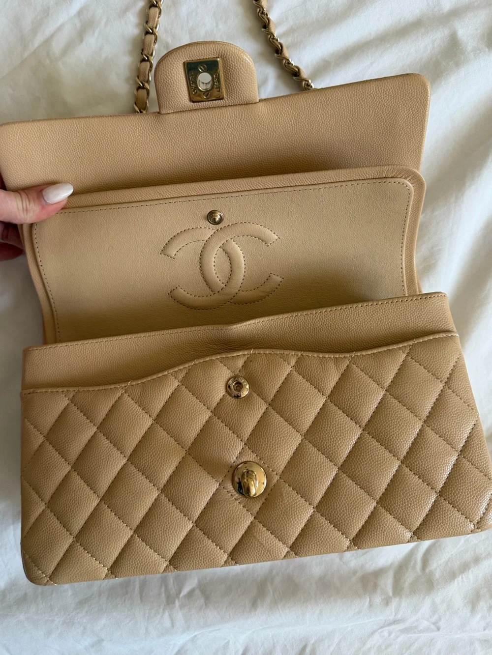 CHANEL Beige Quilted Medium Double Flap Bag with Gold Hardware